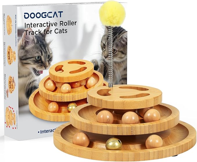DoogCat Cat Ball Track Toy with Puzzle Top, 3-Level Tower with 9 Removable Balls, Interactive Toy for Kitten Mental & Physical Exercise