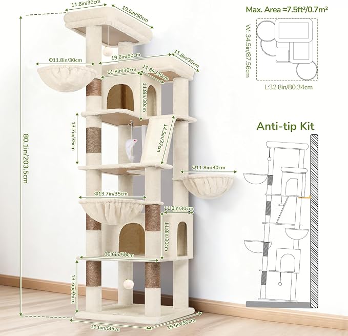 Globlazer 80in Extra Large Tall Corner Cat Tree Tower, S80G, Beige | Multi-Level Cat Condos for Multiple Indoor Cats Large Adult Kittens, Scratching Posts, 2 Widened Perches, Adjustable Baskets