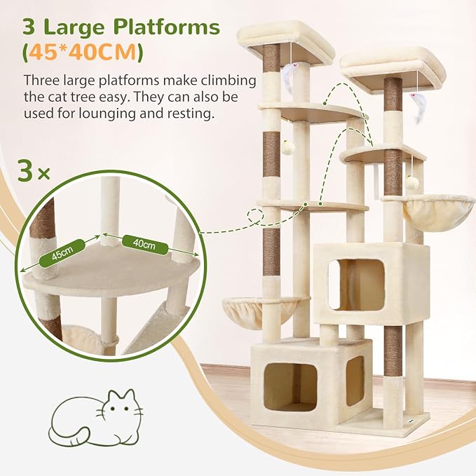 Globlazer S74E Pro Heavy Duty Maine Coon Cat Tree for Large Cats, Beige | 74in Sturdy Multi-Level Tall Cat Tree Tower for Indoor Adult Cats with Scratching Posts, 2 Cat Condos, 2 Top Perches