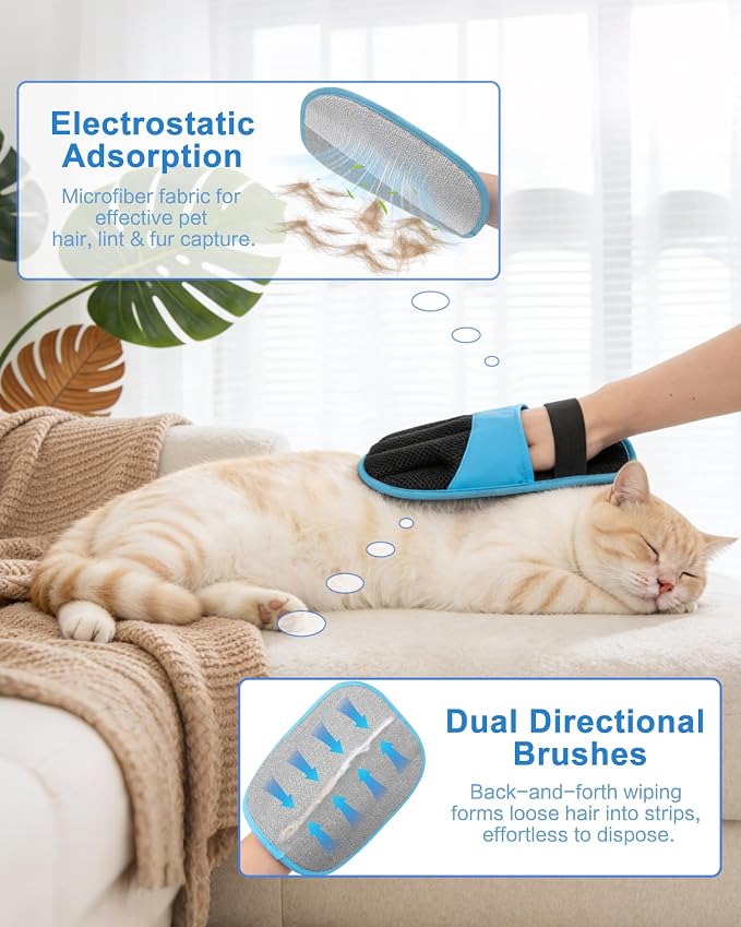 2 Pack Pet Hair Removal Glove, Five-Finger Tool for Dogs and Cats | Electrostatic Magic Brush, Reusable, for Furniture, Clothes and Car Seats, Grooming or Cleaning Needs(Blue)