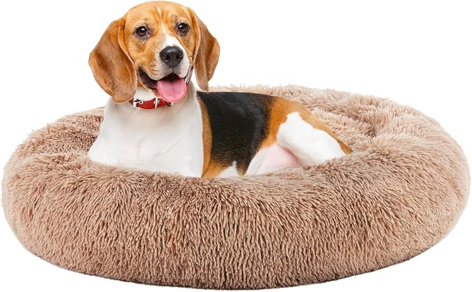 DUMOS Donut Dog Beds for Large Dogs, 37.4x37.4 in Machine Washable Cuddler Warming Cozy Fluffy Faux Fur Plush Round Pet Bed, Anti-Slip Bed for Indoor Dogs and Cats, Brown