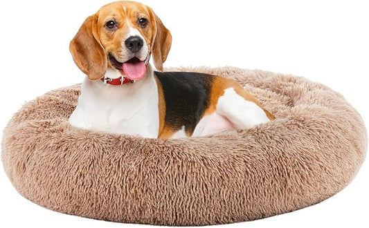 DUMOS Donut Dog Beds for Large Dogs, 37.4x37.4 in Machine Washable Cuddler Warming Cozy Fluffy Faux Fur Plush Round Pet Bed, Anti-Slip Bed for Indoor Dogs and Cats, Brown