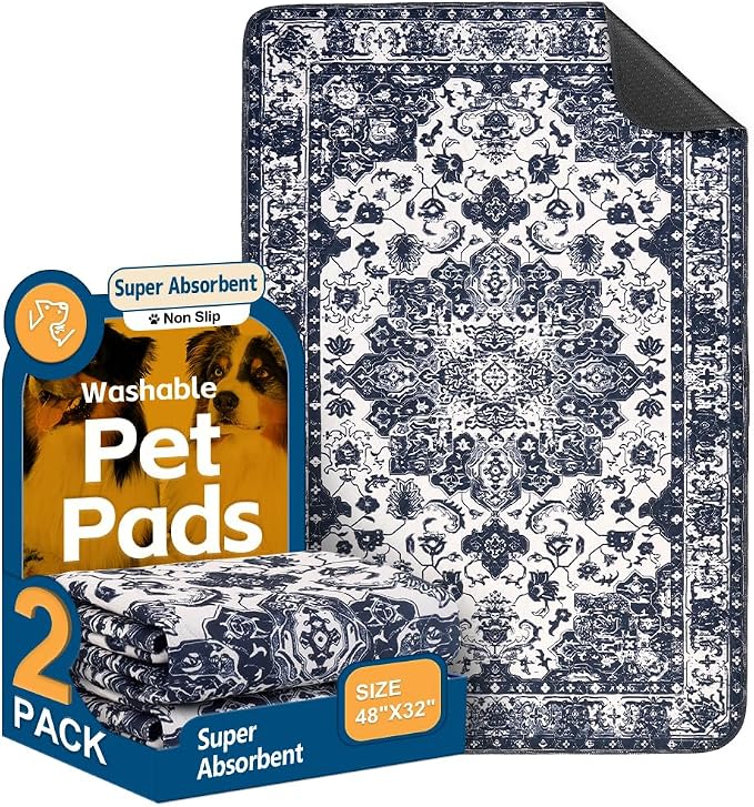 Washable Pee Pads for Dogs, 2 Pack Reusable Puppy Training Pads 48"x32" Super Absorbent Waterproof Dog Training Pads, Non-Slip Potty Pads, Whelping Pads Litter Mat Navy Blue