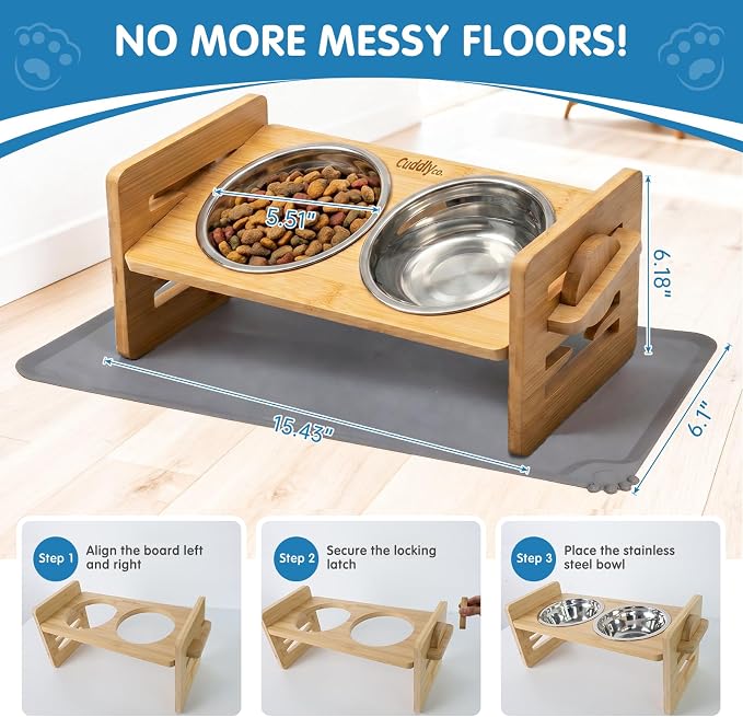 Elevated Dog Bowls for Small Dogs & Cats, Adjustable Raised Dog Bowl Stand with 6 Heights, 15° Tilt, Spill-Proof Silicone Mat, 2 Stainless Steel Bowls, Bamboo Feeder