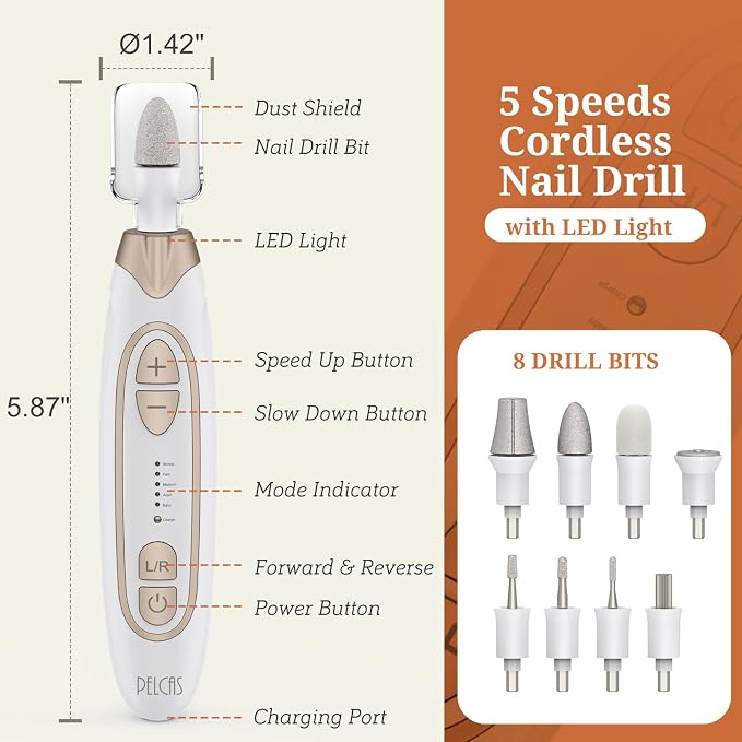 PELCAS Electric Toenail Grinder for Thick Toenails, 5 Speeds & LED Light | Manicure and Pedicure Kit, Cordless Nail Drill, Electric Nail File for Human, Pet, Thick Toenails, Natural & Acrylic Nails
