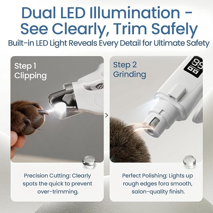 Dog Electric Nail Clippers & Grinder with LED Light,Quiet Cat Nail Trimmer | Large Medium Small Dogs & Cats, Rechargeable, Splash Guard & Safety Lock, Painless Grooming Tool(White)