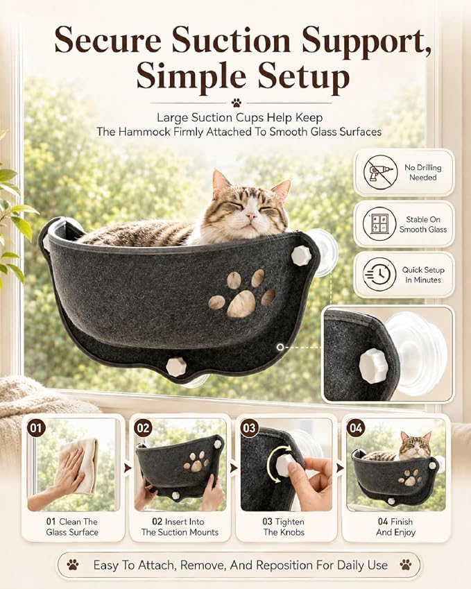 Cat Window Hammock, Suction Cup Bed for Home and Car Travel with Soft Pad | Floating Window Seat for Cats, Portable Hanging Rest Mat Sunbathing, Indoor Lounge and Vehicle Use