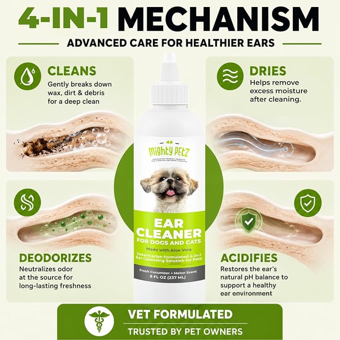 Dog Ear Cleaner – Pet Ear Wash to Support Itchy, Infection Prone Ears, Yeast and Wax. Advanced & Gentle Otic Cleaning Solution. Ear Drops for Dogs and Cats - 8 oz