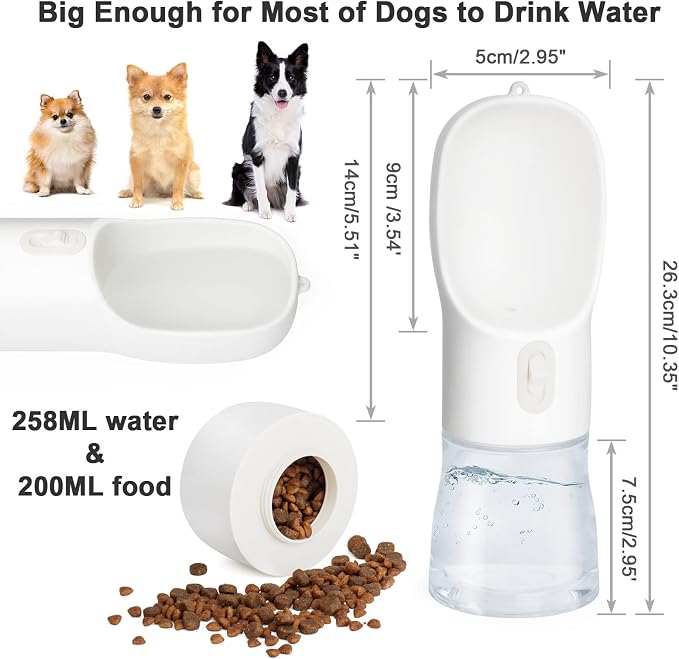 Portable Dog Water Bottle - Leak Proof Dog Water Dispenser with Bowl & Food Container, Dishwasher Safe Food Grade Plastic for Pet Puppy Outdoor Walking Hiking Travel White