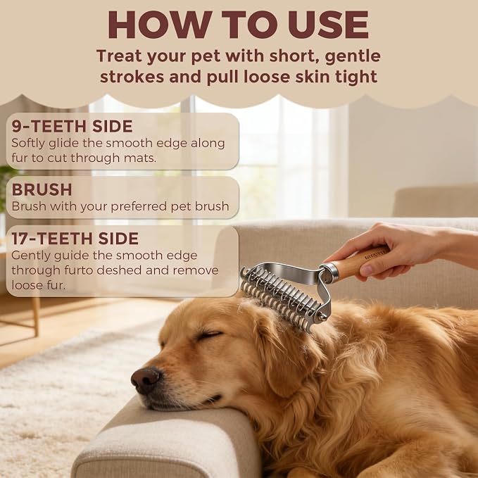 Undercoat Rake for Dogs - Professional Pet Shedding Dematting Comb with Wood Handle, Stainless Steel Blades for Pet Cats Dogs Matted Hair Tangles Removing