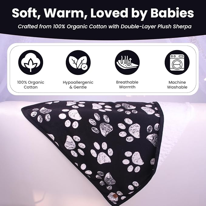 Small Pet Blanket - GOTS Certitied 100% Organic Cotton, Double Layer Plush Sherpa, Beige Jacquard Paw Knit, 30"x40", Ideal for Small Dogs and Cats - Soft and Warm