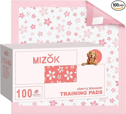 MIZOK 36x36in Puppy Pads Pink, Dog Pee Pads Leak-Proof with Quick-Dry Surface, Dog Pads Extra Large with Cherry Blossom Prints, Pee Pads for Dogs Super Absorbent (100 Count)