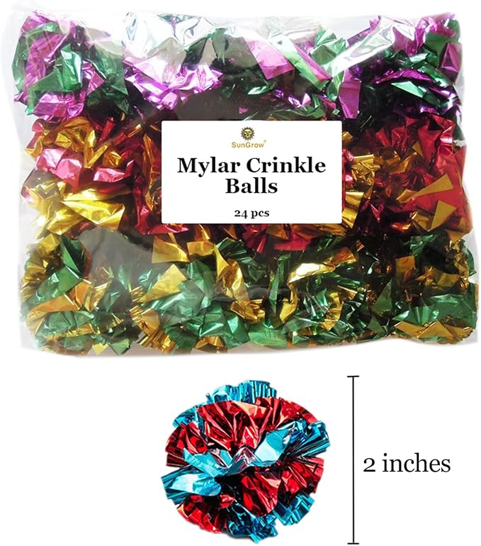 SunGrow 24 Pcs Cat Mylar Crinkle Balls, 2" for Exercise to Keep Fit, Lightweight, Multicolor Shiny Foil with Crinkly Sound for Indoor Pet Cat, Kitten