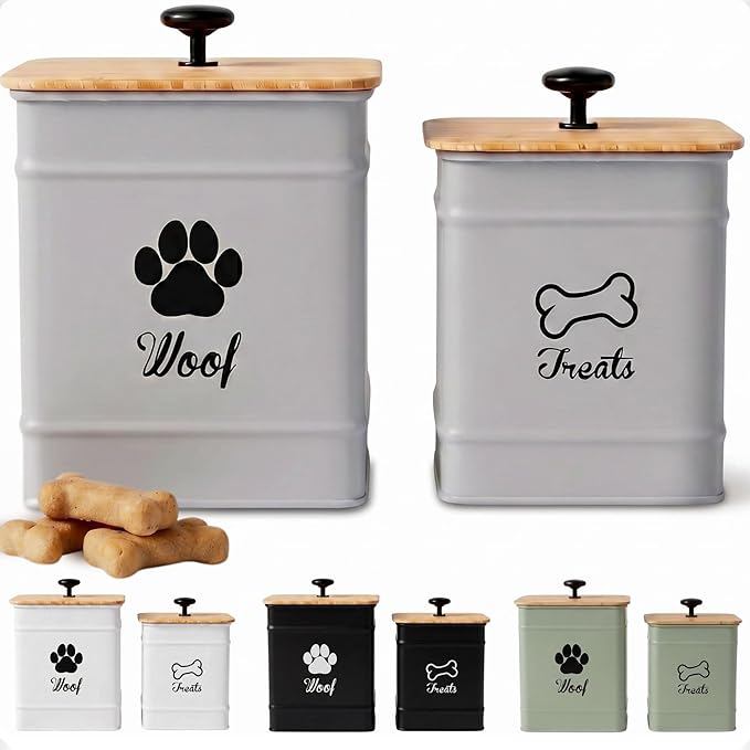 Dog Treat Container Set of 2 with Airtight Bamboo Lids - 8x6 & 7x5 inch | Fits All Popular Treats, Up to 20 Cups Combined Capacity, Airtight Bamboo Lid, Easy Open Lid, Dent-Resistant Durable Metal