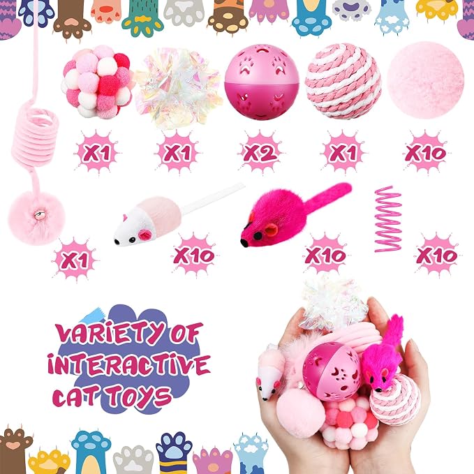 Gemscream 46 Pcs Cat Toys Set Interactive Cute Cat Toys Include Fur Mice Rattle Springs Crinkle Balls Pompom Bell Sisal Ball Puzzle Chase Toys for Kitten Indoor Stuff Gift(Pink)