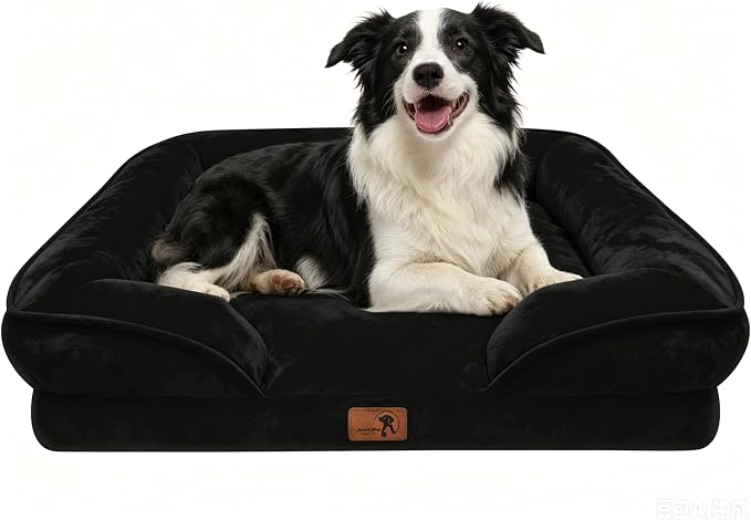 Spotted Play Orthopedic Dog Bed with Sides - Sofa Beds for Large Dogs, Supportive Foam Pet Couch Bed with Washable Removable Cover, Waterproof Lining and Non-Slip Bottom, Black - L