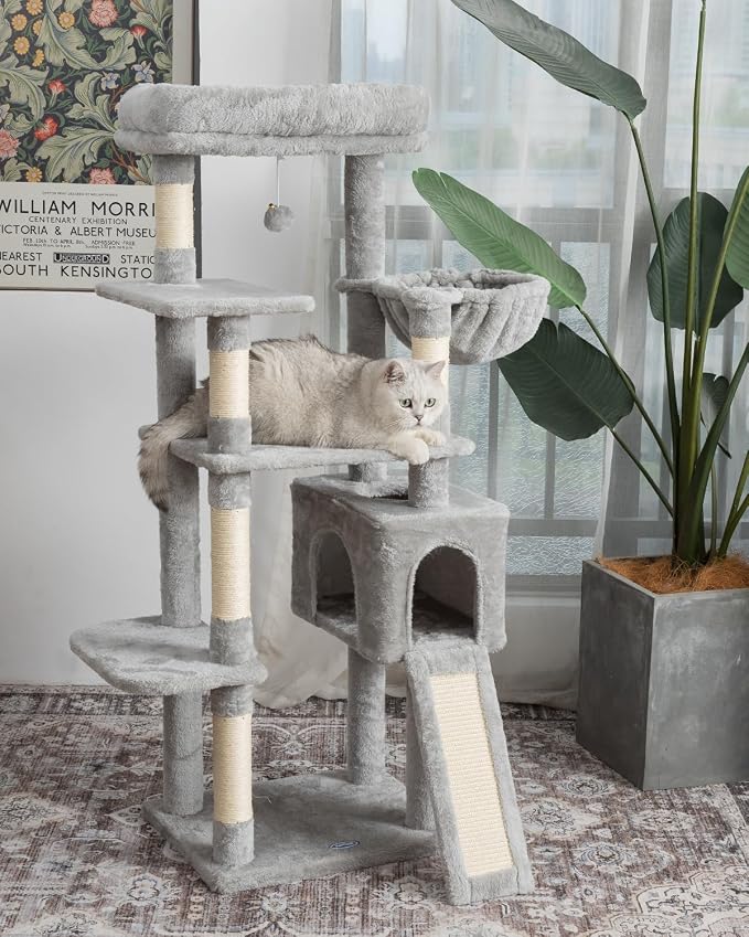 54 Inches Cat Tree, Tall Cat Tower with Hammock, Condo and Scratching Pad, Cat House with Plush Perch for Indoor Cats Adult