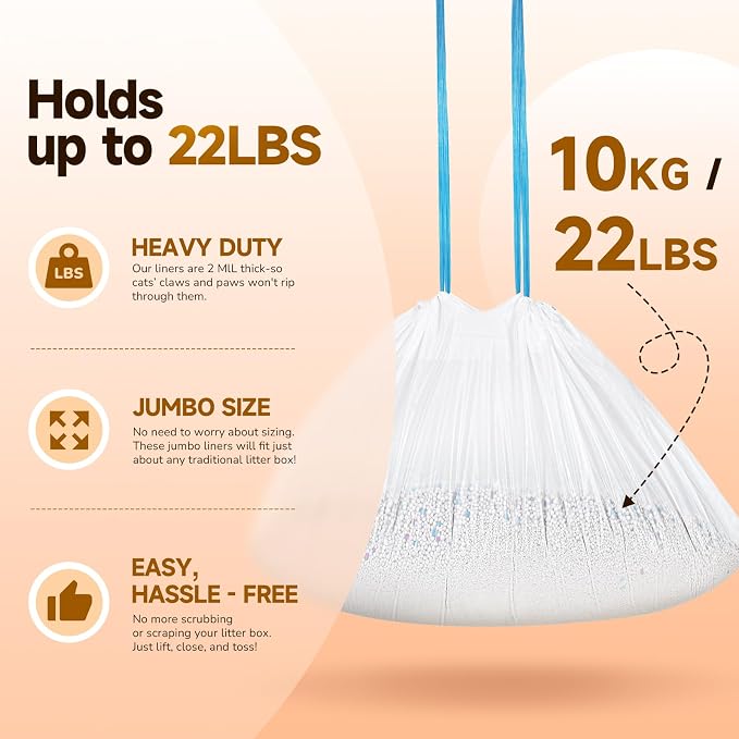 Litter Bags for Automatic Litter Box, Jumbo Size 25.6x12.2 Inch, Heavy Duty 2 MIL Thick, Holds up to 22 LBS, 60 Count
