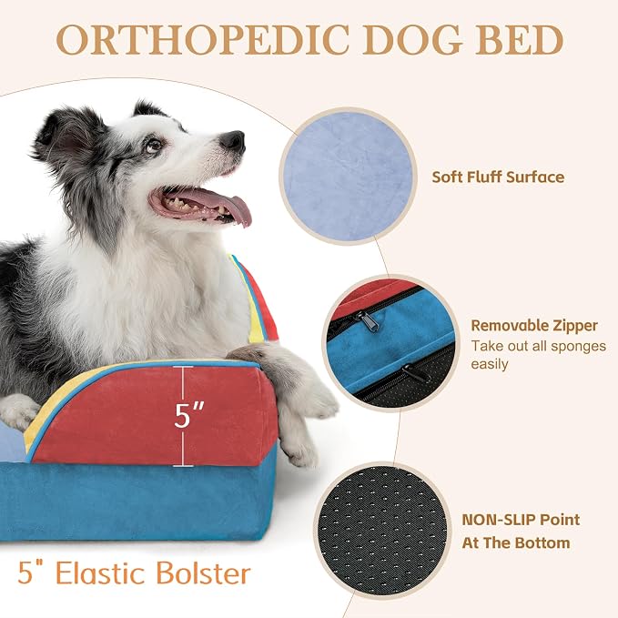 Comfort Expression Orthopedic Dog Bed for Extra Large Dogs with Bolster | Waterproof Dog Couch Bed with Washable Cover & Non-Slip Bottom, Supportive Egg Crate Foam XL Pet Bed, 45x35 Inch