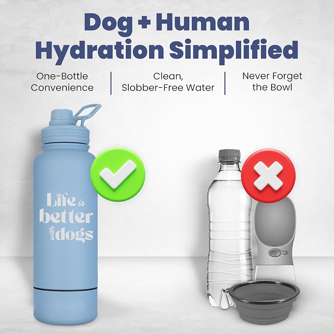 Dog Water Bottle for Dog Lovers - 32 oz Stainless Steel Double Wall Insulated Water Bottle with 8 oz Detachable Bowl - Doggy Lover Gift for Hiking, Walking, Travel - “Life is Better” - Dusty Blue
