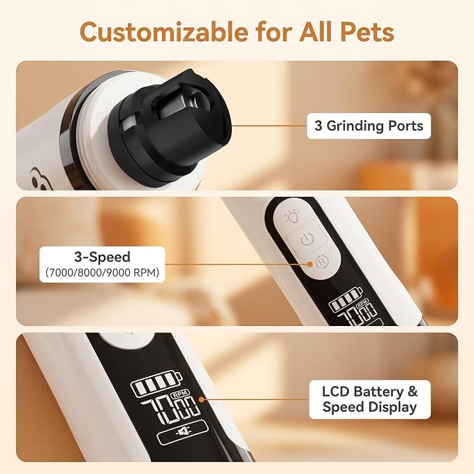 silent paws Quiet Pet Nail Grinder with LCD& Light | Quiet Dog Nail Grinder Suits Sensitive Pets. 3 Speeds Nail Trimmers for Small to Large Dogs ,Cats and Other Animals.