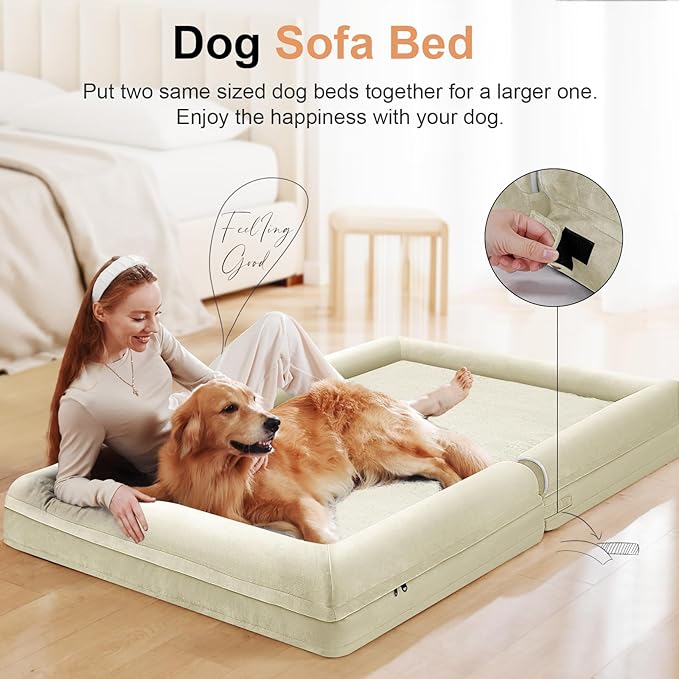 NANUYA Orthopedic Dog Bed for Jumbo Dogs, 53 x 42 Inch, Beige | Egg crate foam for joint support, 3-sided bolster pet sofa, waterproof lining, washable cover, and non-skid base