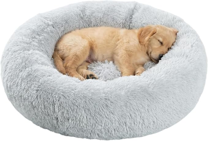 SAVFOX 23 inches Calming Donut Dog Bed - 3X Durable Plush Faux Fur, Machine Washable & Non-Slip, Fits up to 25 lbs, Light Grey