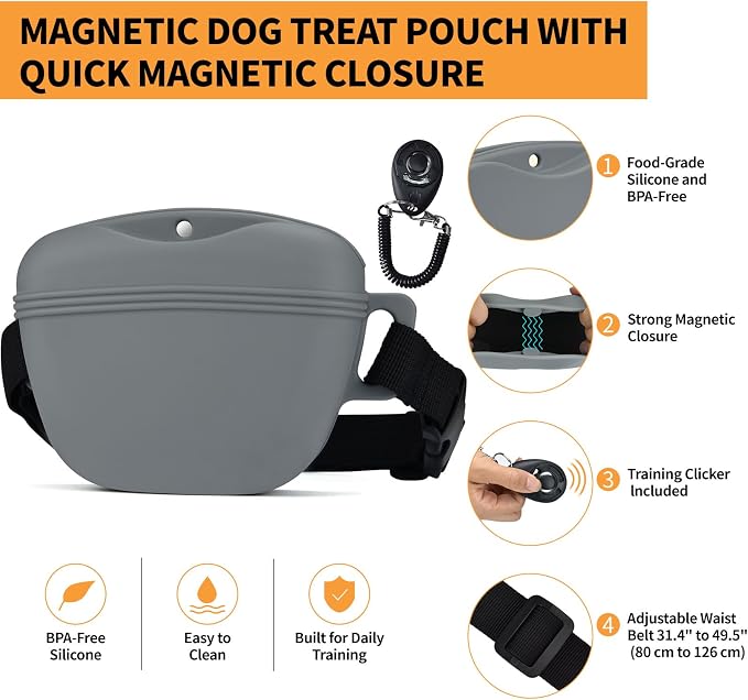 Silicone Dog Treat Pouch with Training Clicker | Upgraded Magnetic Closure, 1.6 Cup Capacity, Food-Grade Silicone, Easy Cleaning, Adjustable Belt for Training and Walking