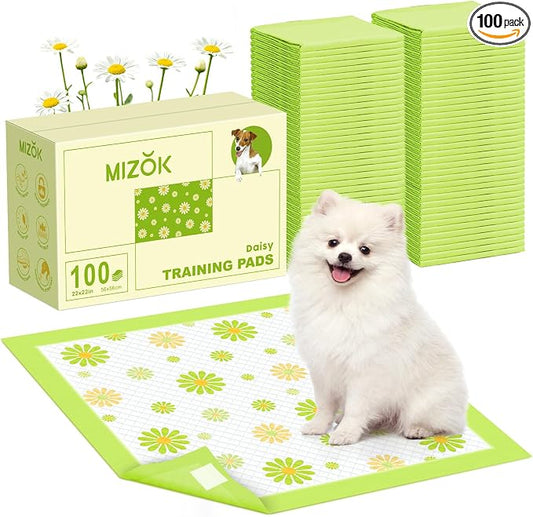 MIZOK Puppy Pads 100 Counts 22"x22" , Dog Pee Pads 6-Layer Super Absorbent & Leak-Proof, Daisy Pattern, 4-Corner Adhesive Tabs, Wee Wee Pads for Puppies & Small Dog Breeds