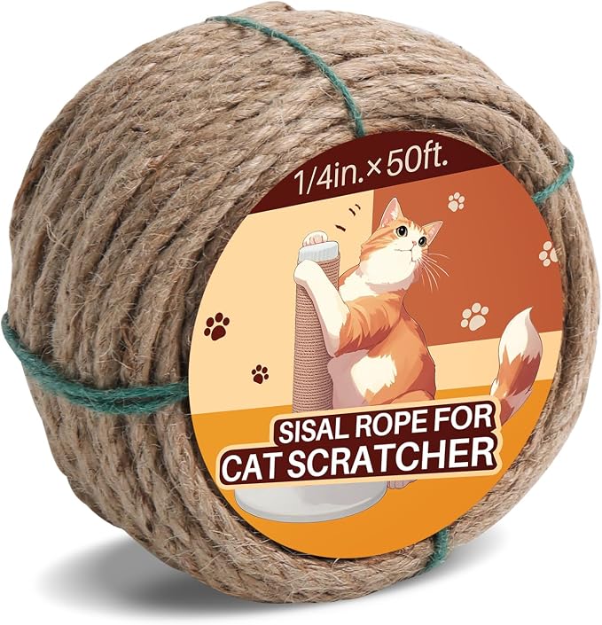 Sisal Rope for Cat Scratcher 1/4" 50 Ft Cat Tree Rope Twine for Repairing Cat Scratching Post Replacement DIY Hemp Rope for Carpet Mat Kicker House, Pet Toy, and Crafts Gardening Home Decorating