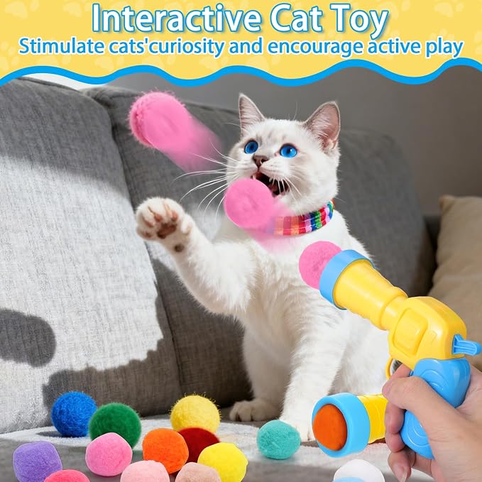 Mity rain 52PCS Cat Ball Launchers & Pom Pom Balls Interactive Cat Toy Set – Safe Soft Plush Kitten Toys for Indoor Cats, Fun Kitten Toys for Endless Active Play