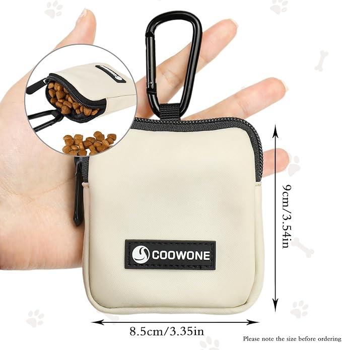 Waterproof Dog Treat Pouch, Dog Training Treat Pouch Built in Poop Bag Dispenser Adjustable Shoulder Bag (BLK) (Beige Small Pouch)