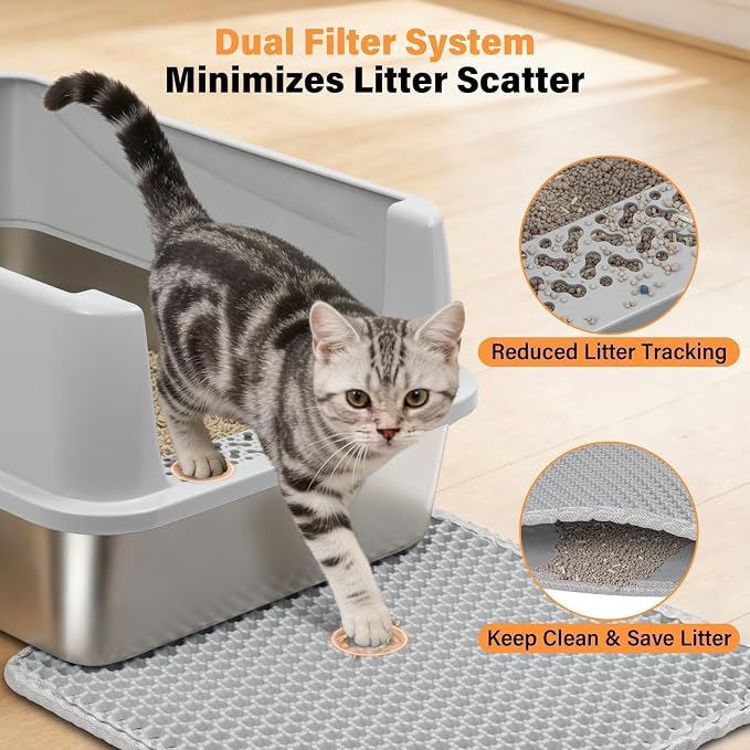 Stainless Steel Litter Box with High Sides, Small Metal Litter Box for Kittens & Medium Cats, Low Entry Kitten Litter Boxes with Scoop and Mat, Non-Sticky, Anti-Urine Leakage, Easy Cleaning