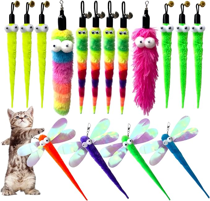 AcceLeah 16Pcs Cat Wand Refills, Worm & Dragonfly Teaser Attachments for Indoor Cats