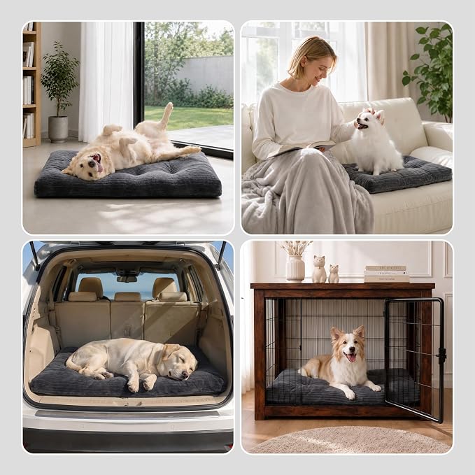 KSIIA Washable Dog Crate Bed Kennel Mat for Large Dogs,48 x 29 Inch, Gray | 3in thick soft PP filling,Elastic rebound,300gsm shed-proof flannel,Soft skin-friendly,Anti-slip bottom,Machine washable