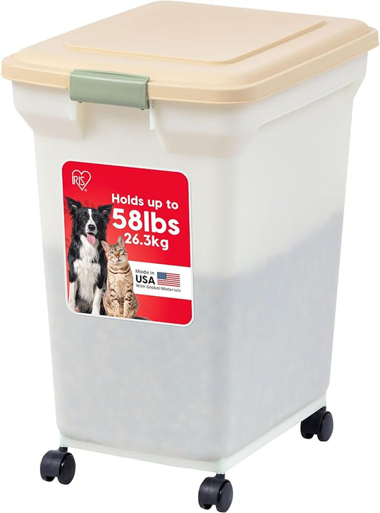 IRIS USA Dog Food Storage Container, Up to 58lbs, Almond/Pearl, Made in USA | Wheels for Mobility, Airtight Seal, BPA-Free, Best for Bird Seed, Cat food, Cat Litter, Chicken Feed, Pellets