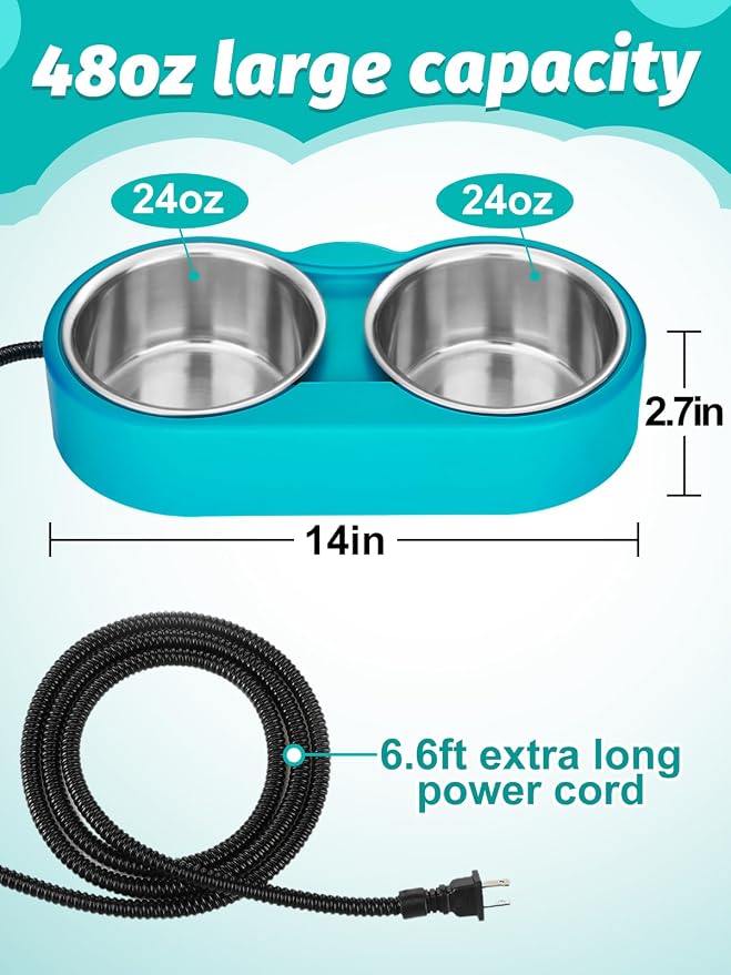 Heated Water Bowl for Cats - 48Oz Outdoor Heated Pet Dog Bowl with 2 Stainless Steel Bowl, Thermostatic Control for Keeping Water and Food from Freezing in Winter Cat Gifts