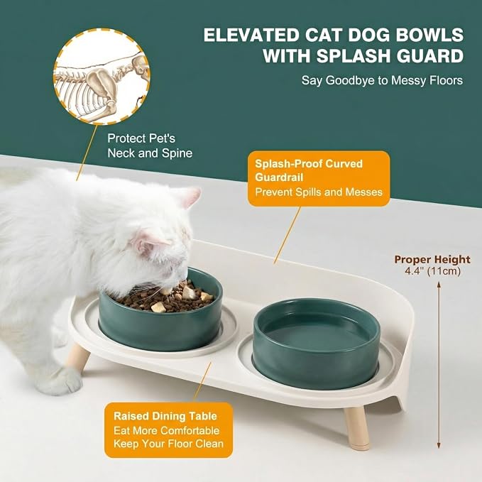 Raised Cat Food and Water Bowl Set - Elevated Ceramic Dishes with Non-Slip Stand and Splash Guard for Small Dogs - 2 x 320 ML (4.9 OZ) - Green