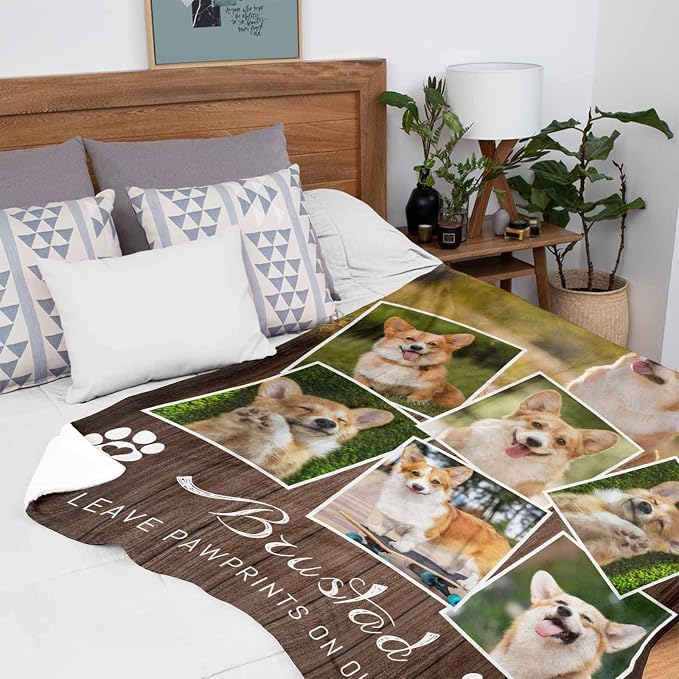 Custom Memorial Blanket for Dog, You Leave Paw Prints on Our Hearts Blanket Customized Loss of Pet Dog Photo Fleece Throw Blankets Warm Bereavement Gift for Dog Mom 40X50 Inch