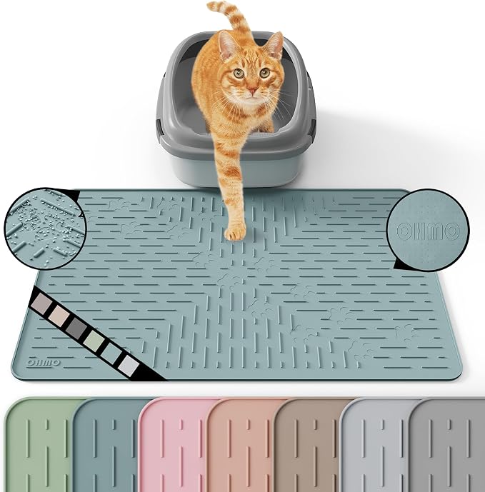 OHMO Cat Litter Mat, 23.5x16 Silicone Trapping Mat Light Blue | for Kitty Litter Box, Easy Clean, BPA Free Rubber, Center Litter Collection, Easy Pour-Back, Waterproof, Odor-Resistant