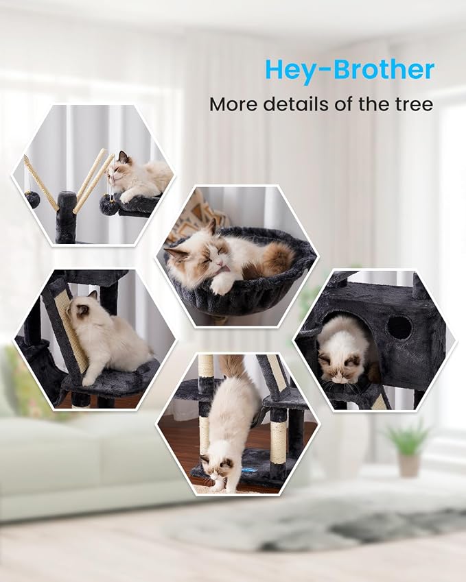 Hey-brother Cat Tree Tower with Padded Platform Bed, Hammock, MPJ019-SG | 53 Inches Cat House with Large Cozy Condo, Toy Balls and Sisal Scratching Posts for Indoor Multi-Cats, Smoky Gray