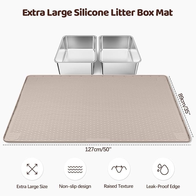 Silicone Cat Litter Mat for Litter Box 50”x35” Large Cat Mat, Khaki | Waterproof, Non-Slip, Leak-Proof Rug Mat with Lip, Easy to Clean, Extra Large Litter Catcher Mat for Floor
