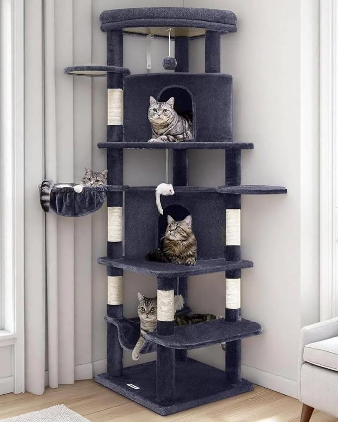 Globlazer 66in Corner Cat Tree Tower for Indoor Large Cats, C66, Dark Grey | Space-Saving Stable Adult Cat Tower with 6 Scratching Posts, 2 Large Fan-shaped Condos & Top Perch, Hammock, Climbing Steps