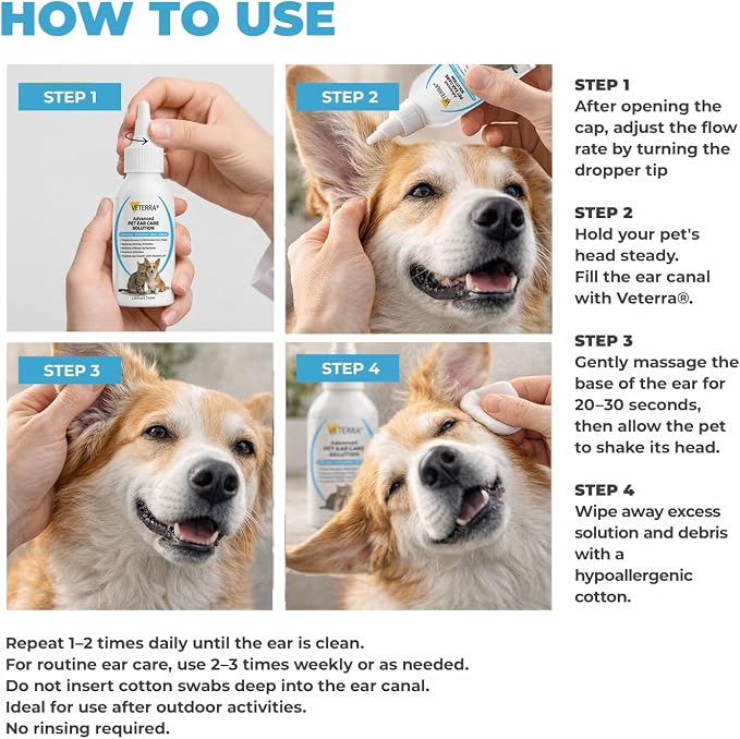 Dog and Cat Ear Cleaning Solution for Dogs & Cats – Vet Recommended Ear Cleaner, Helps Remove Wax & Odor, Supports Healthy Ears, Gentle No-Rinse Formula - 3.38 Oz - 100 Ml