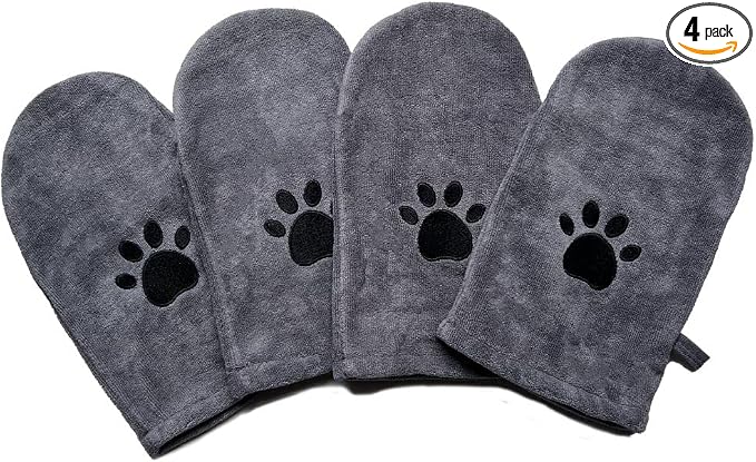Penny & Niko Microfiber Pet Towel Mitts - Paw Cleaning and Drying Mitts/Gloves for Dogs and Cats (Gray, Standard - 4 Pack)