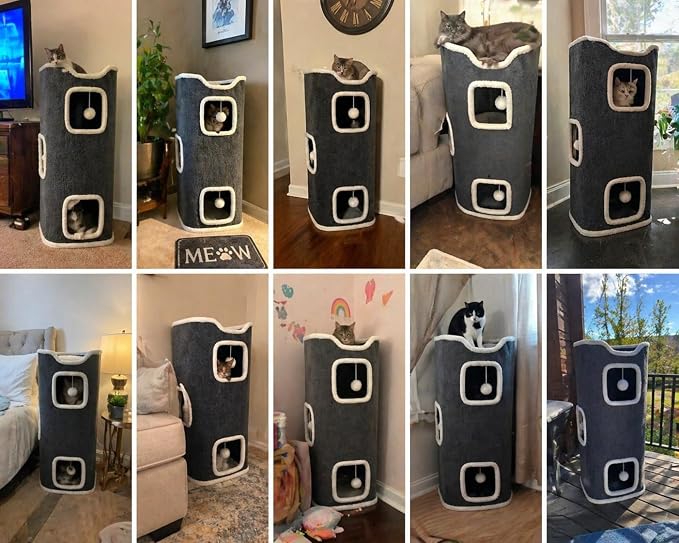 Three-Tier Cat Tree for Indoor Cats, Multi-Level Cat Tower with Cat Hideaway, Soft Cat Bed, Interactive Toy Ball & Scratching Posts, Space-Saving Cat Furniture for Apartments (L)