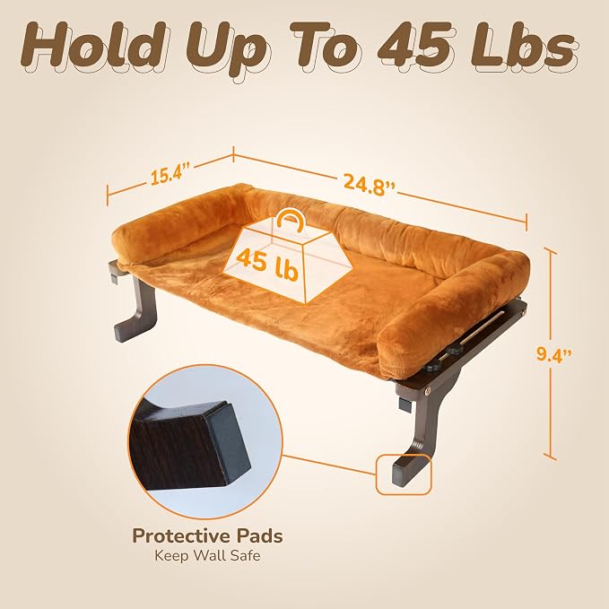 [Ready to Gift] PURRHOUSE 45LBS Cat Window Perch with Bolster, Hammock Seat with Plywood & Metal Frame, Cat Bed for Windowsill, Bedside and Cabinet (Walnut Wood & Brown Cushion, 24.8''W x 9.4''H)