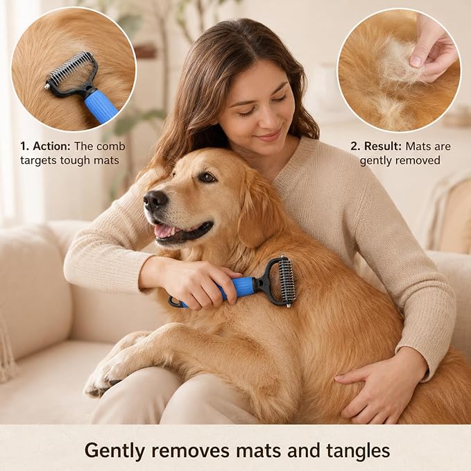 Pet Grooming Brush, Double-Sided Deshedding Dematting Tool for Dogs & Cats, Detangling Tool For Matted Fur, Ideal For Medium Or Long Haired Breeds (Blue)