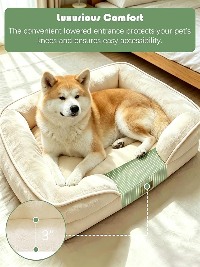 Spotted Play Orthopedic Dog Bed with Sides - Sofa Beds for Extra Large Dogs, Supportive Foam Pet Couch Bed with Washable Removable Cover, Waterproof Lining and Non-Slip Bottom, Ivory - XL-Plus