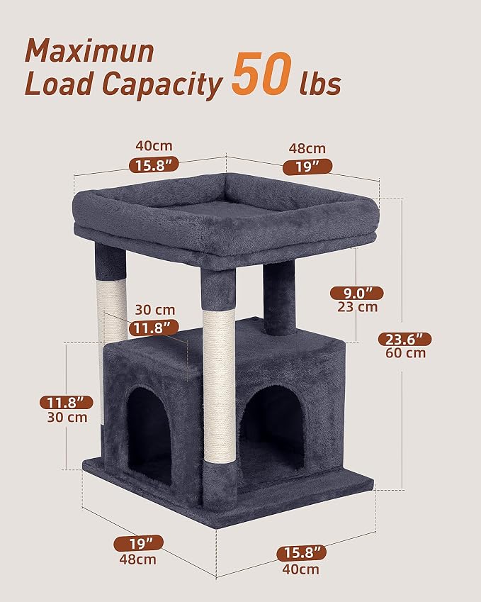23.6" Cat Tree for Large Cat, 19 * 15.8 in Large Perch, Dark Gray | Cat Tower with Scratching Post, 2-door Cat Condo for Adult Indoor Cats, Easy to Clean and Install, Assembly tools included
